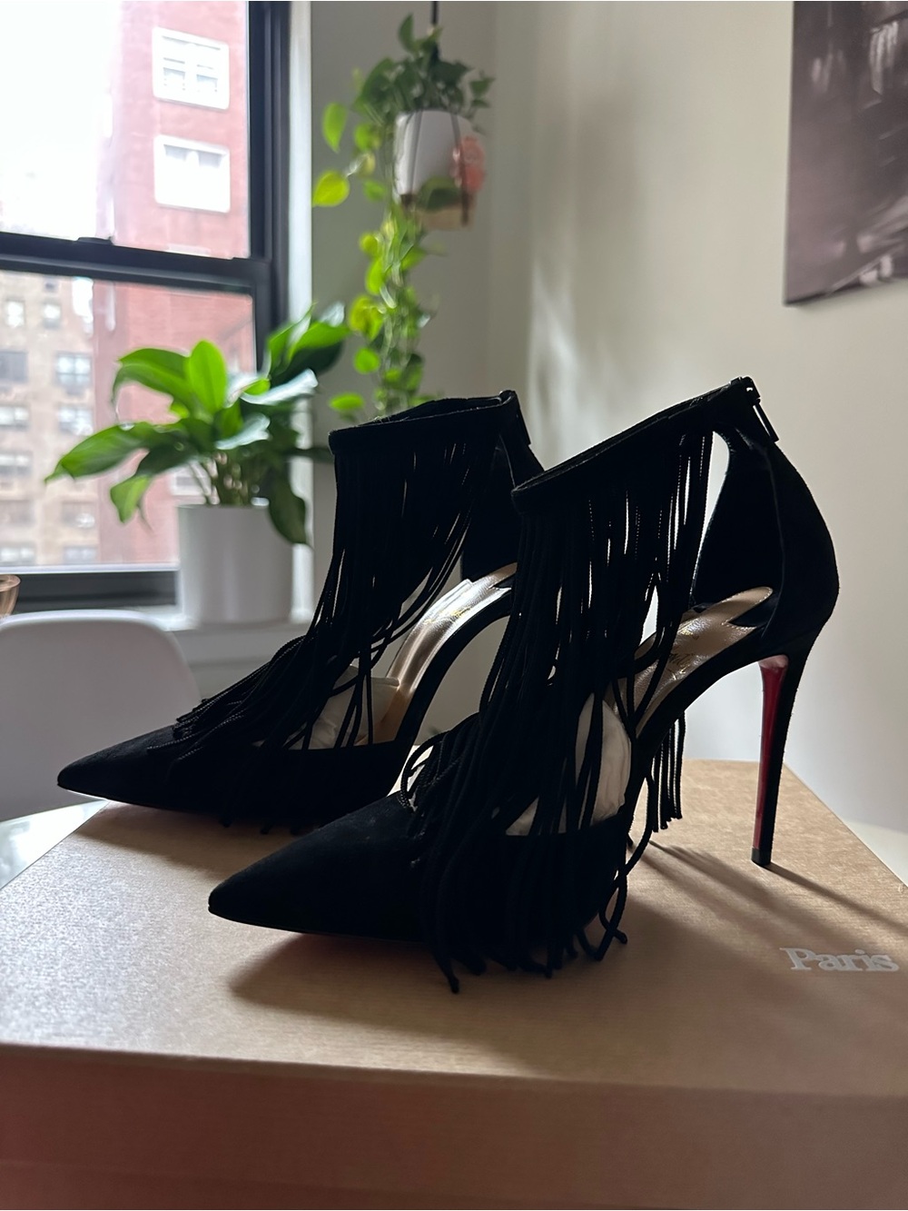 Christian Louboutin Black Suede Fringe Pointed Toe Stiletto Heels